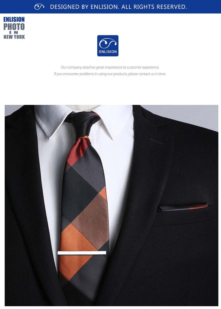 [Enlision] Orange Tie and Check Pocket Square Set - Men's Stylish Check Pattern Business, Sales, Wedding EC-02