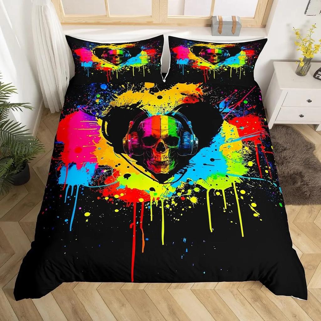 Sugar Skull Duvet Cover Colorful Vintage Floral Bedding Set Hippie Mexico Style Comforter Cover Gothic Skeleton Quilt Cover