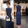 Blue thin Hong Kong style sleeveless new Chinese long polka dot cheongsam improved spring and summer cheongsam new young