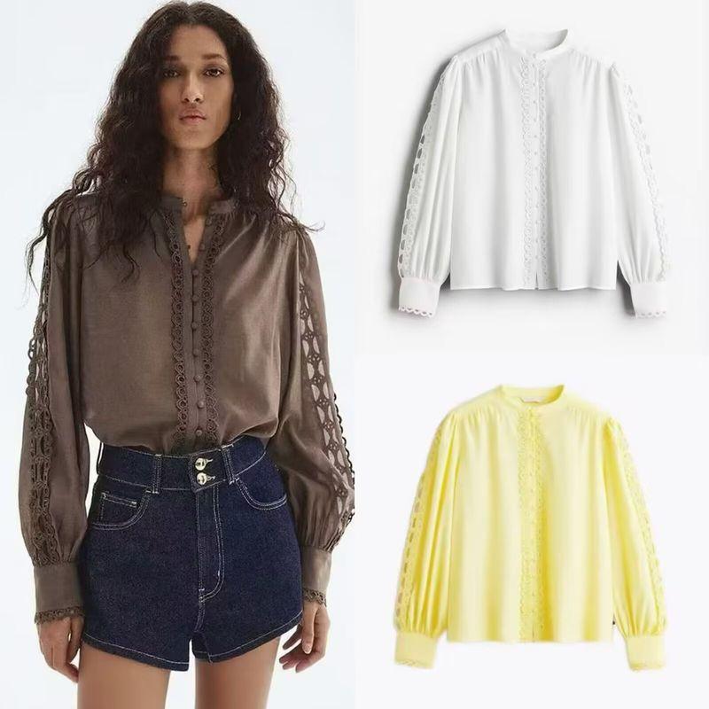 Autumn New Arrival Fashion Wind Foreign Trade Women's Clothing Stylish Simple and Versatile Pure Color Lace Trim Tops 1303736