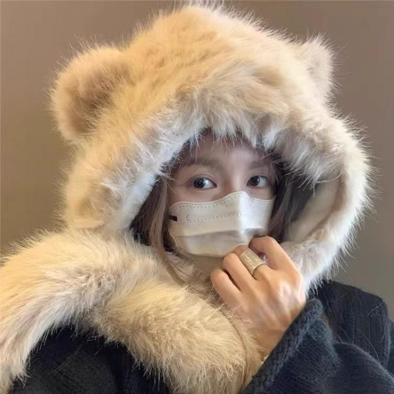 Women's Autumn Winter Bear Ear Hat Scarf Glove Integrated Cold Resistant Warm Plush Hat Neck Warmer Gloves