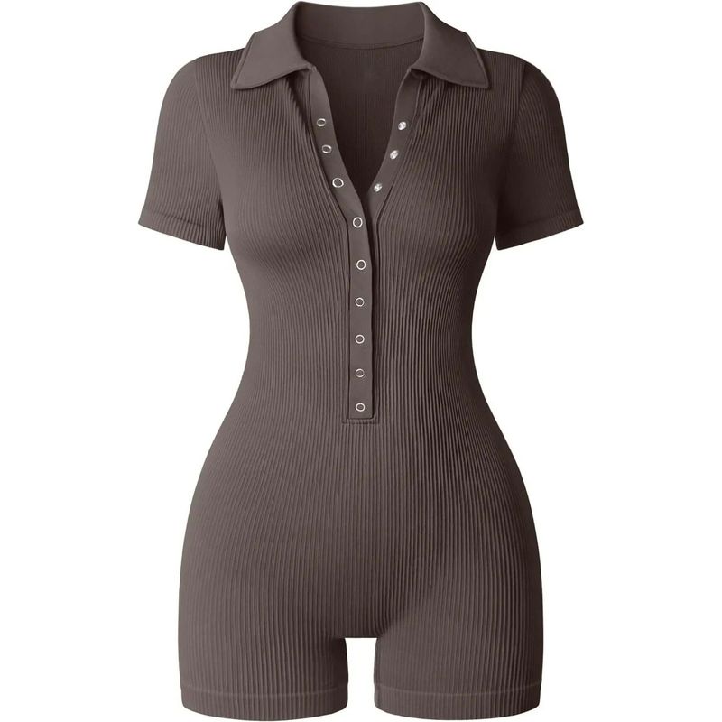 

V-neck Short Sleeve Waist Cinched Jumpsuit V-Neck Short Sleeve Waist-Controlled Jumpsuit Grey Brown XL(XL)