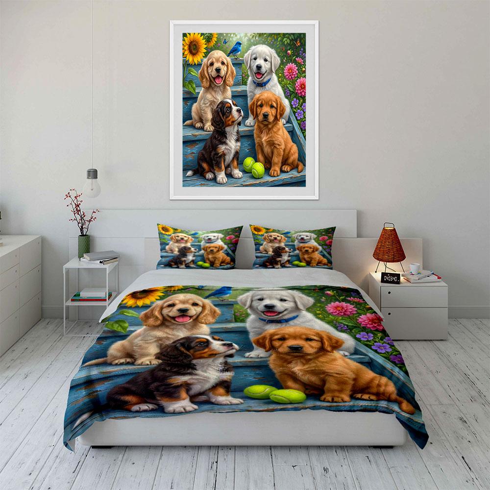 Cute Puppies with Flowers Bedding Duvet Cover Set (1*Duvet Cover 2*Pillowcases, Without Duvet Insert)