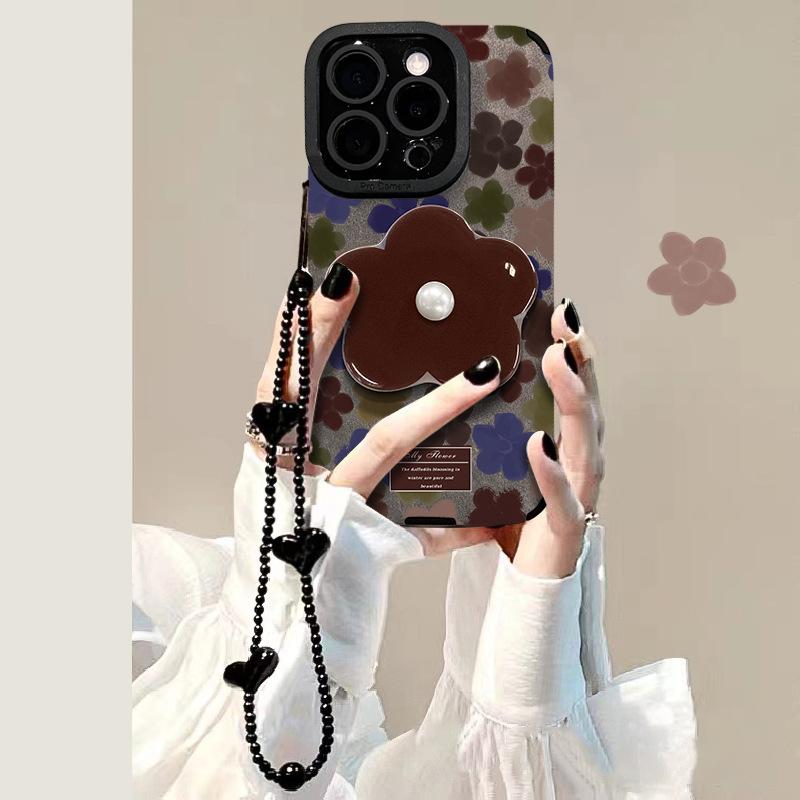Flower bracket bracelet for Apple 16 retro mobile phone case iphone14pro flip fur 15 soft silicone 13