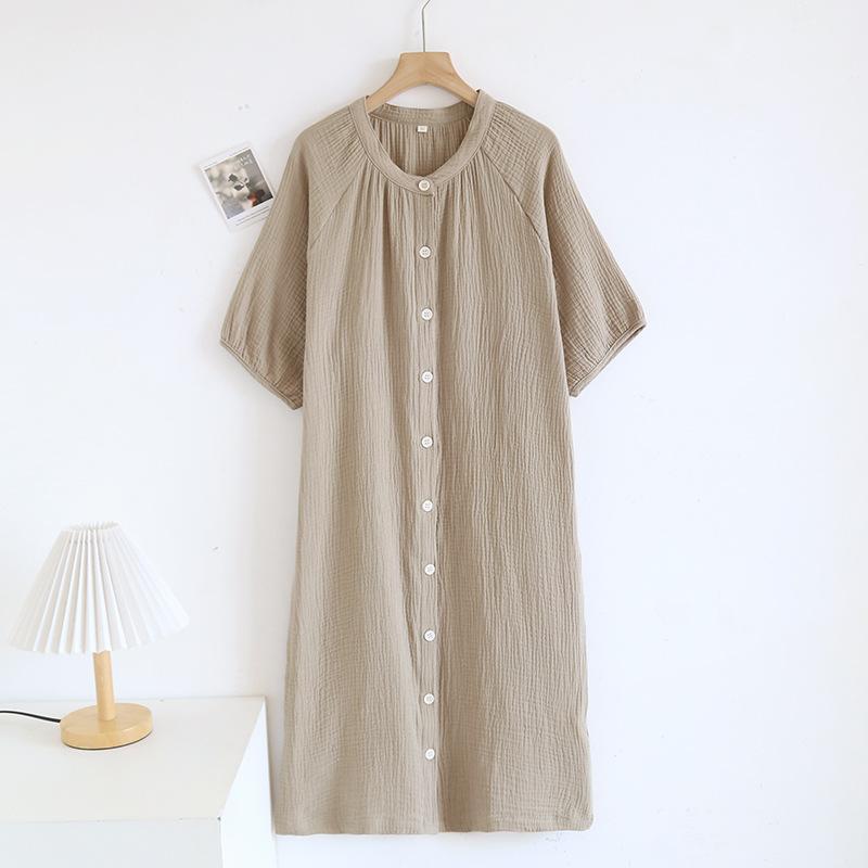 Summer Mid-long Style Women's Short Sleeved Pajamas Nightgowns Thincotton Cardigan and Round Neck Simple Solid Color Sleep Dress