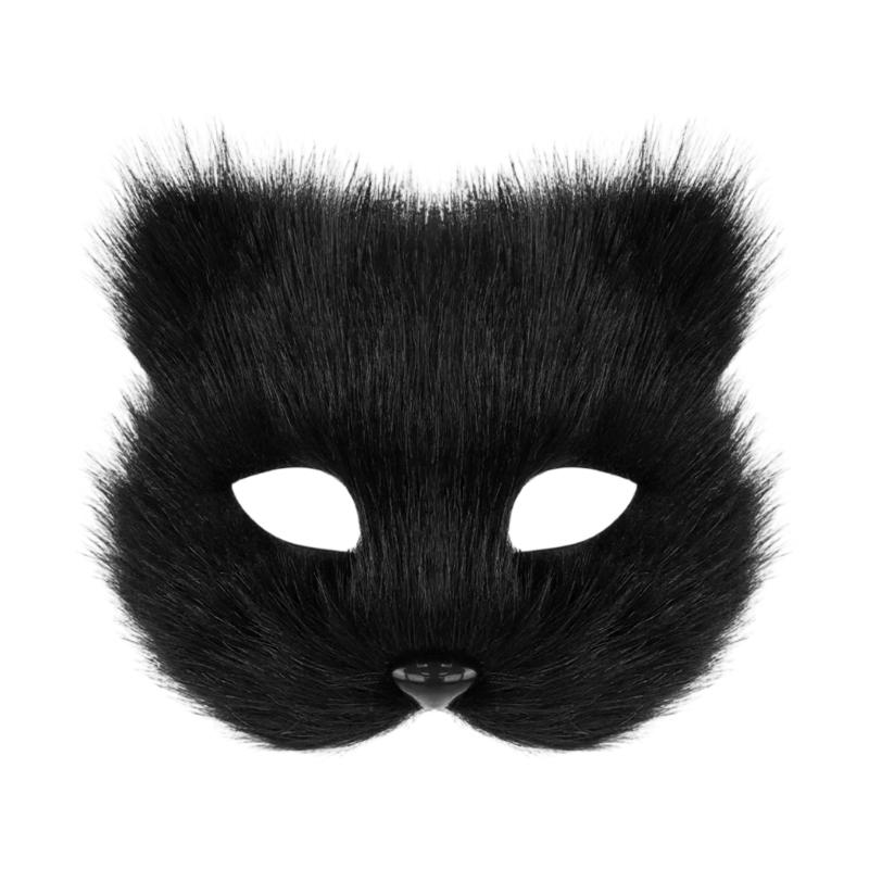 

Plush Animal Cats Face Mask Furry Animal Half Face Mask for Men Women Masquerade Halloween Cosplay Costume Accessory чорний