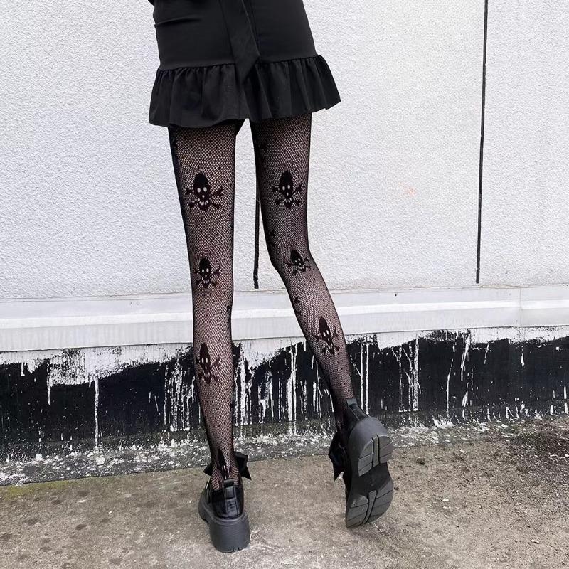 1 pair of dark black JK socks with skull pattern mesh red and black stockings, thin bottomed stockings, hollowed out jacquard me
