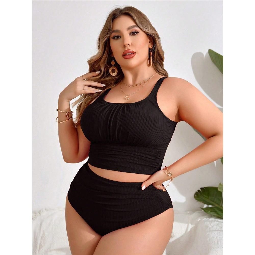 

Plus Size Two Piece Swimsuit For Women, Sexy High Waisted Ruched Tankini Bathing Suit 0XL чёрный