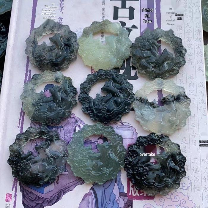 Natural Jade Nine-Tailed Fox Pendant - Xiuyan Ink Wash Carved Jade Accessory 5687