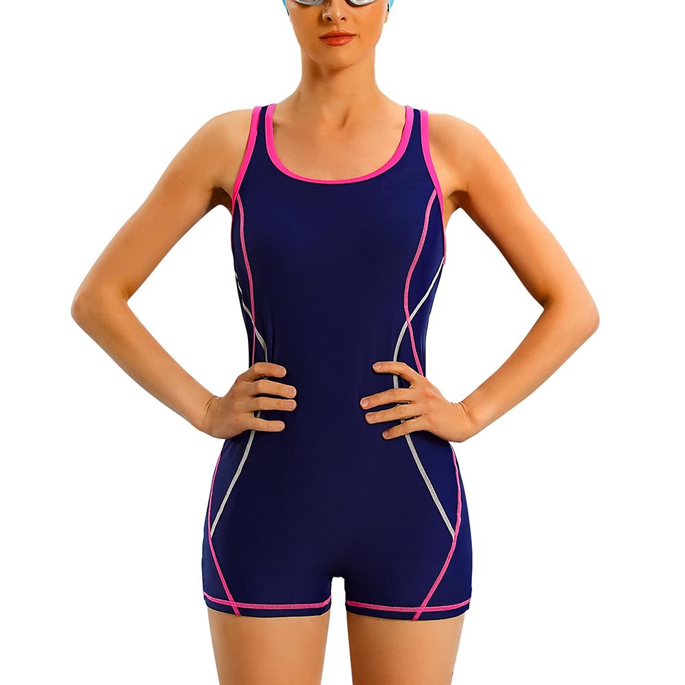 Anfilia Einteiliger Damen-Sport-Badeanzug, rückenfrei, Boxer, konservativer Badeanzug, Patchwork, Strandkleidung, Badeanzug