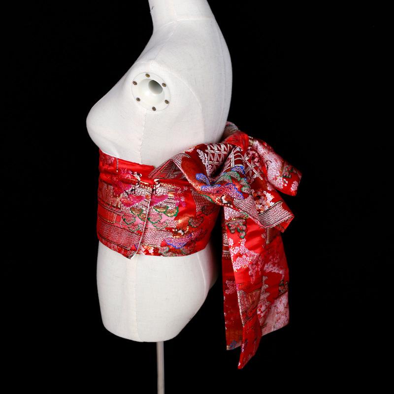Japanese Kimono Obi: Brocade Jacquard Taiko Bow with Floral Knot Trim