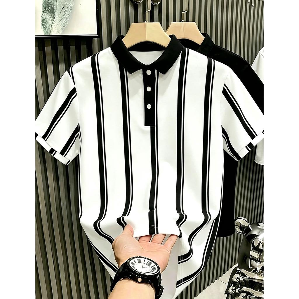 Stylish striped short-sleeve polo shirt, casual and versatile for daily wear.