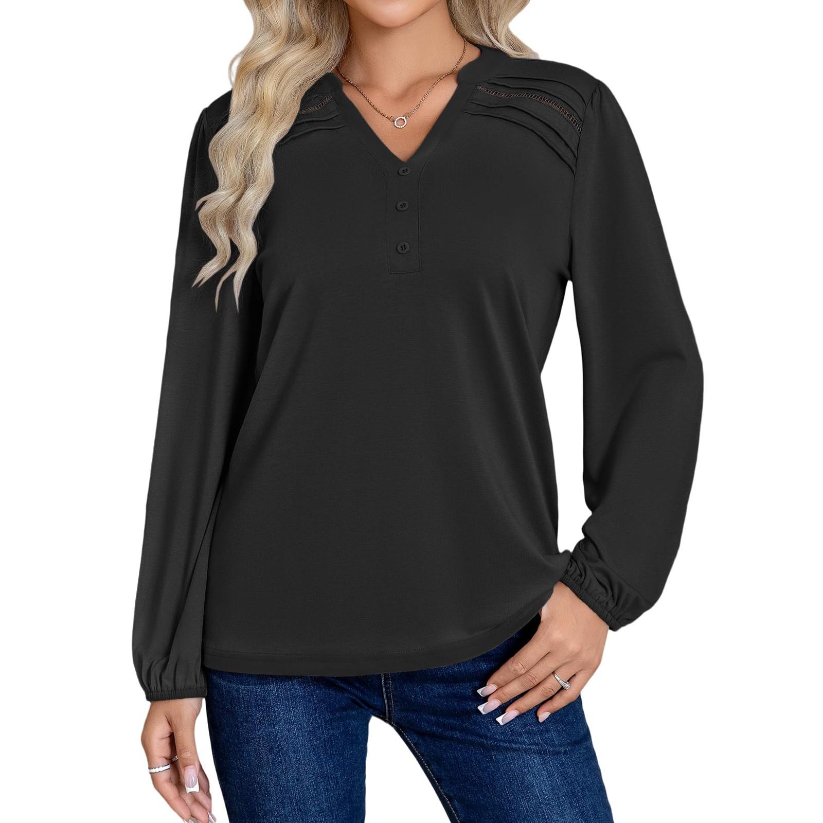 

Женские топы рубашка с длинным рукавом V-образный вырез повседневная свободная футболка топы XL чёрный