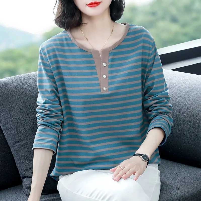 T-Shirt Tops Women Oversized Blouse Stripe Stretch Long Sleeve T-Shirt Round Neck Loose Tops