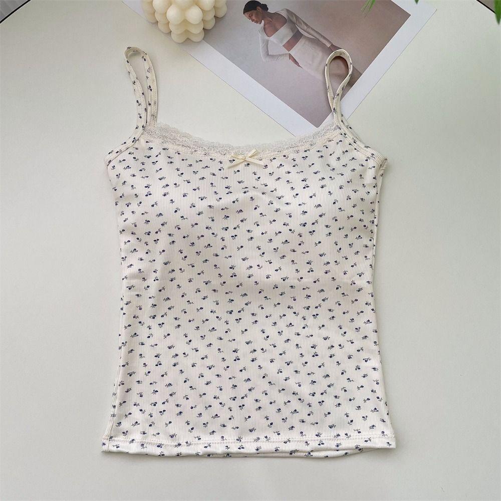 Korean Lace Trim Floral Crop Top U Neck Sweet Flower Girl's Tank Top Lace Bowknot Camisole Lady