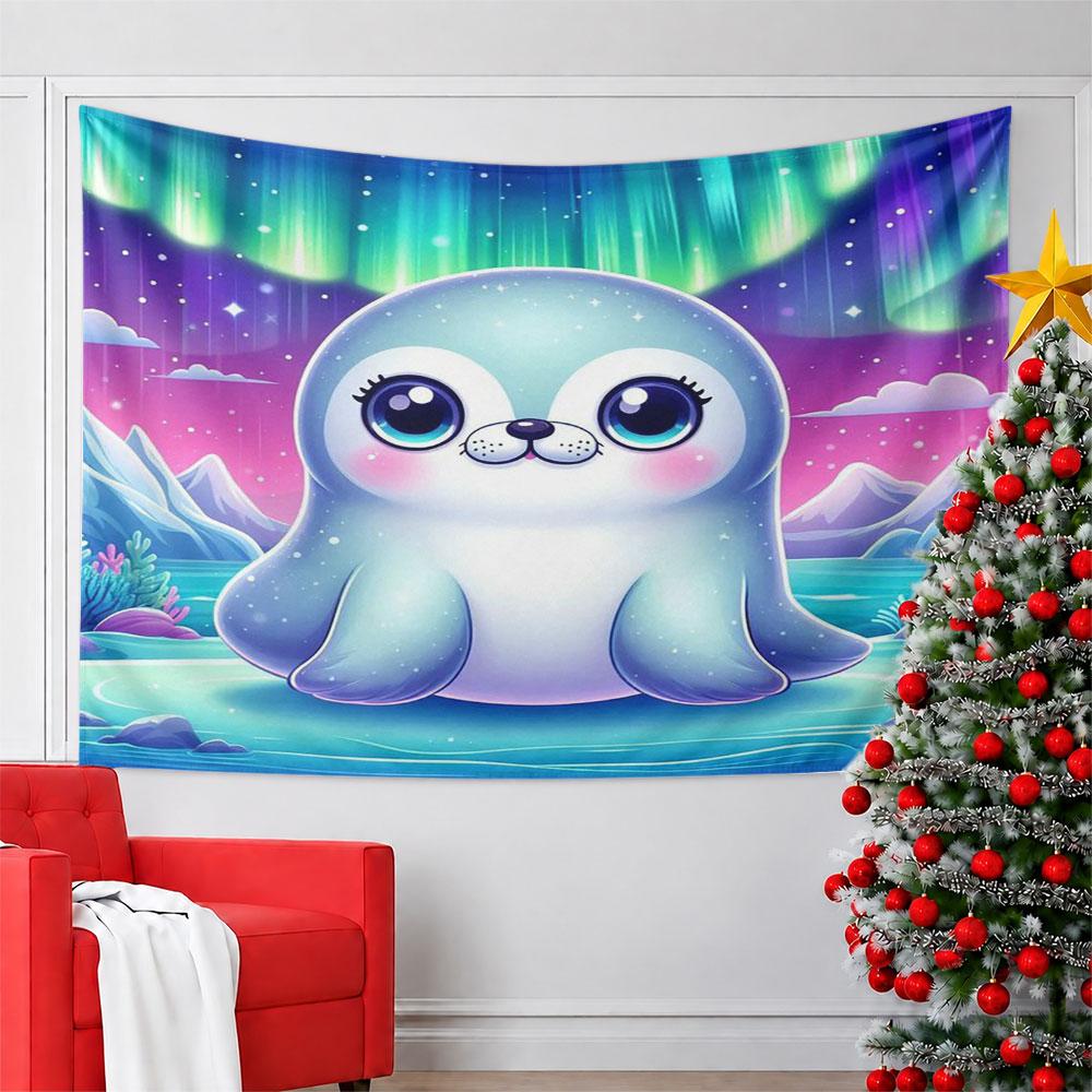 Cute Arctic Seal with Aurora Background Pattern Wall Hanging Tapestry Decorative Tapestry Home Decor for Bedroom and Living Room