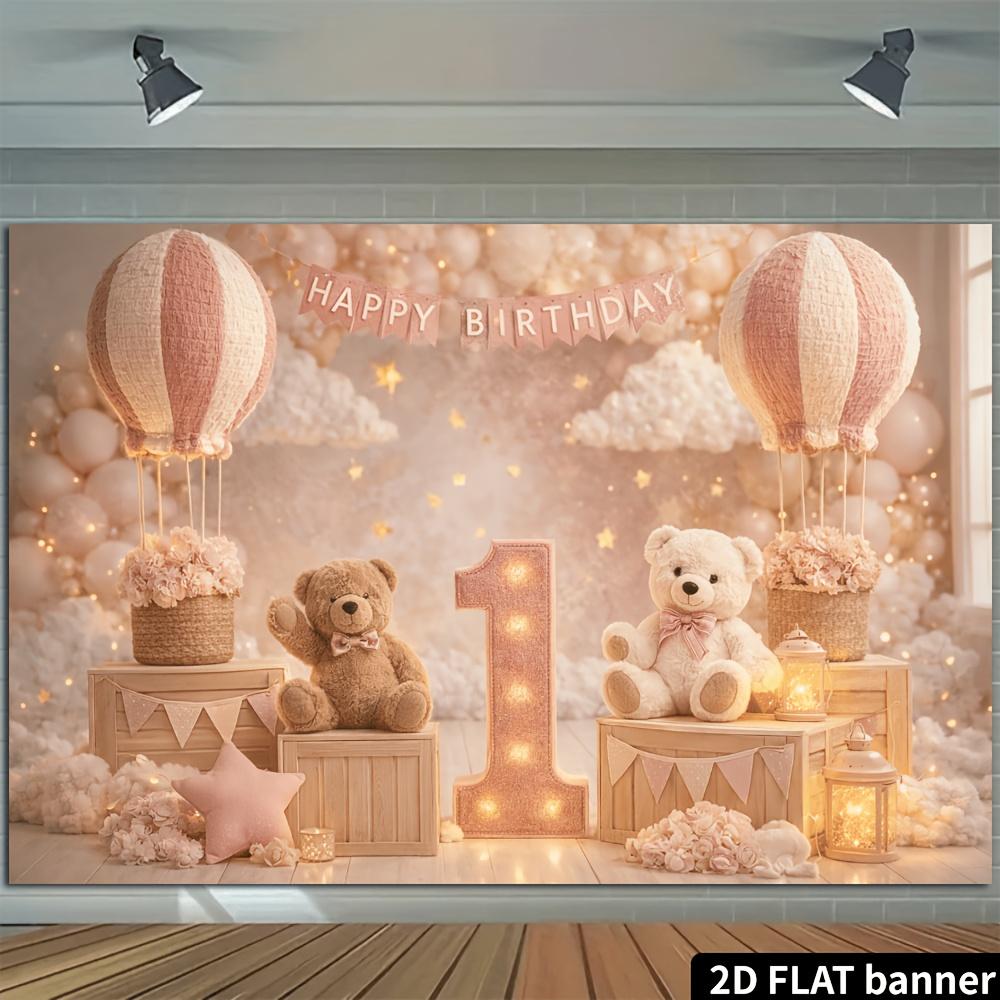 2D Plane 1st Birthday Party Banner Background Fabric - Pink Hot Air Balloon Bear themeDJH