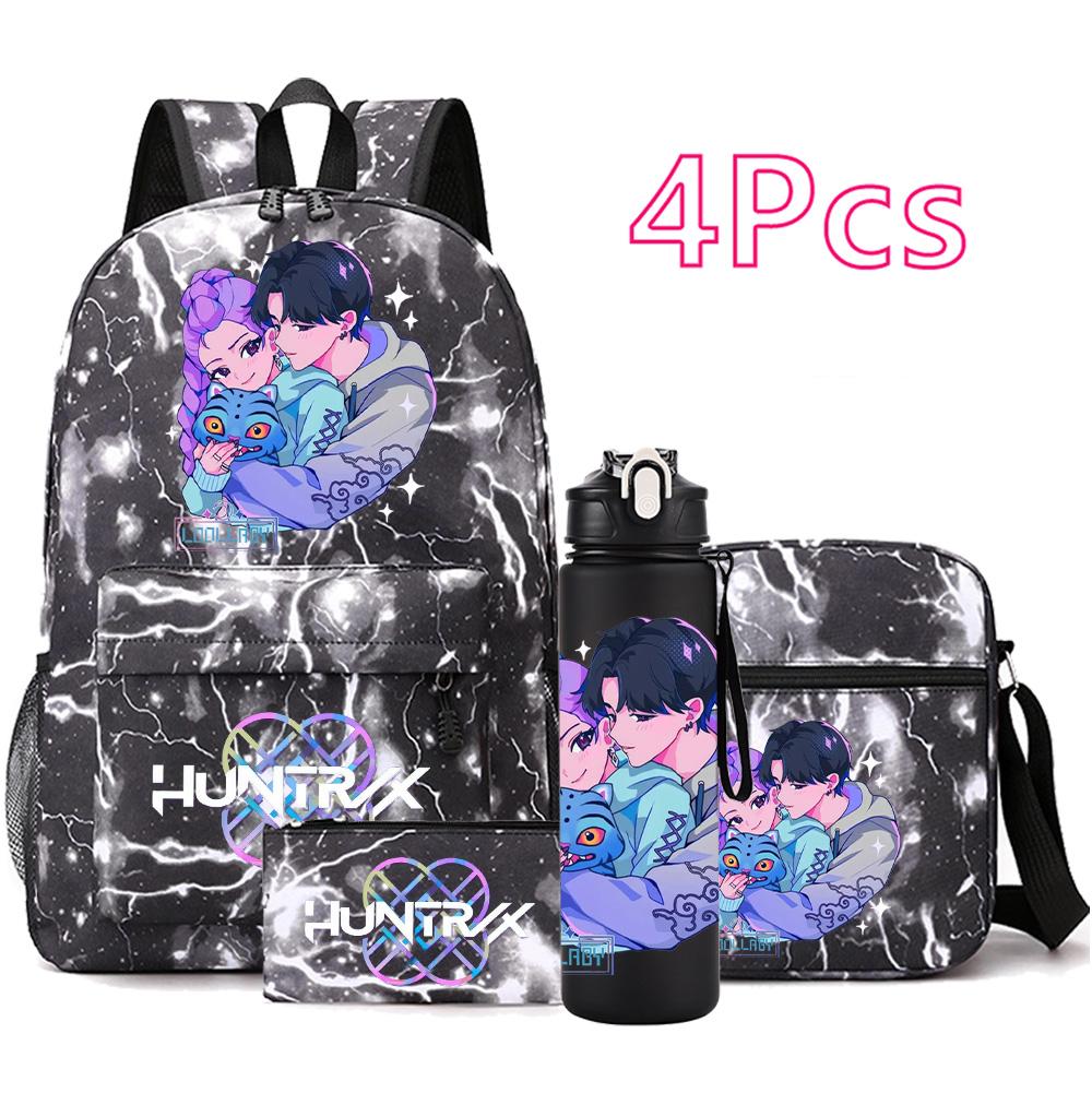 4Pcs/set Anime Cute KPop Printed Backpack with 750Ml Water Bottler for Teenager Student Girl Boy Bookbag Kid Gift Large Capacity Waterproof Travel Bag