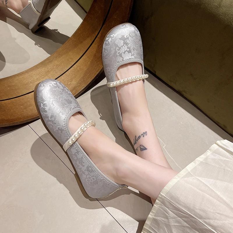 Fashion Elegant Ladies Pearl Band Mary Janes Shoes Round Toe Cozy Flock Ballet Flats Women Solid Color Beading