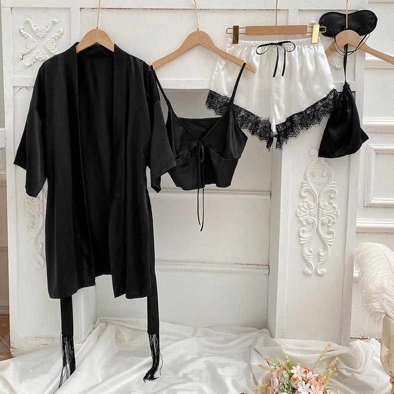 Female Sleepwear Pajamas Three-Piece Set Spring Summer Kimono Bathrobe Strap Top&Shorts Pijamas Suit Sexy Loose Satin Home Wear