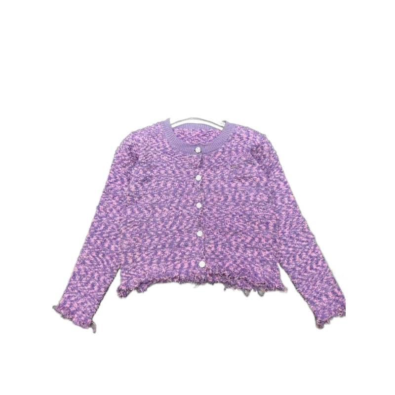 European Winter Tassel Knit Cardigan - Purple Round Neck, Single-Breasted, Age-Reducing, Versatile Outerwear