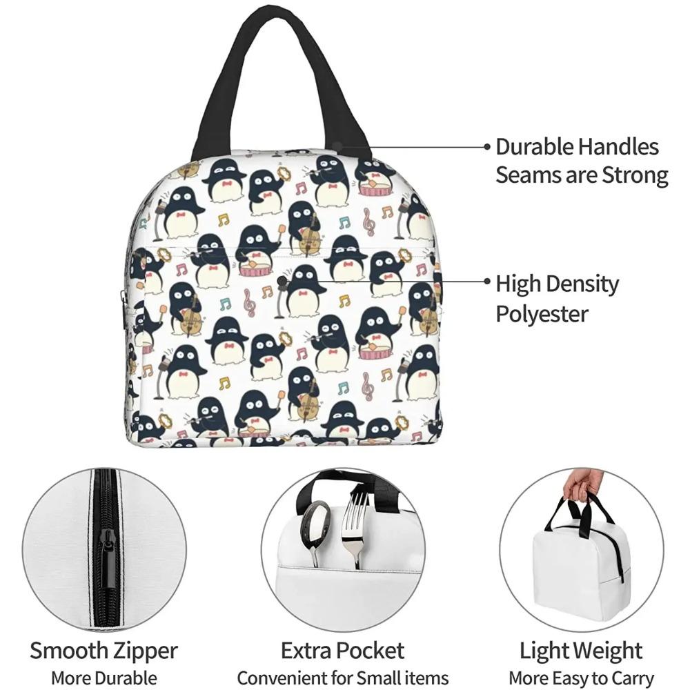 Cute Penguin Musician Pattern Lunch Box Bento Box Insulated Lunch Boxes Reusable Waterproof Lunch Bag for Office Picnic Hiking