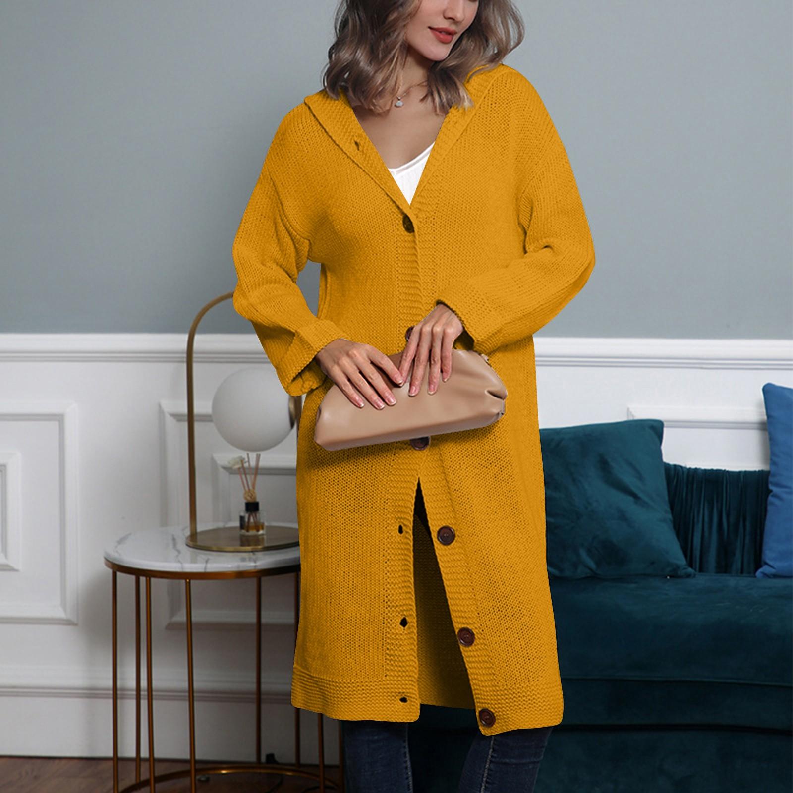 

Женский зимний длинный кардиган с капюшоном, однобортный свободный свитер с длинными рукавами XL жёлтый