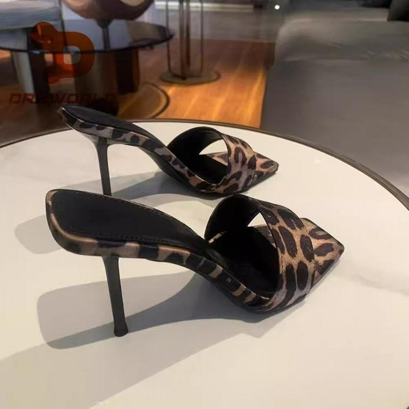 Pointed Toe Slippers for Ladies Leopard Print Summer Mules Shoes 10CM Thin High Heels Elegant Women Suede Sandals