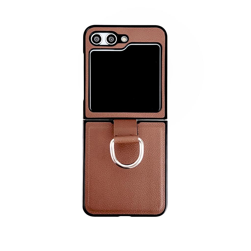 Coque Samsung Z Flip 7/6/5 Texturée Cuir avec Anneau - Housse de Protection Mode Couleur Unie