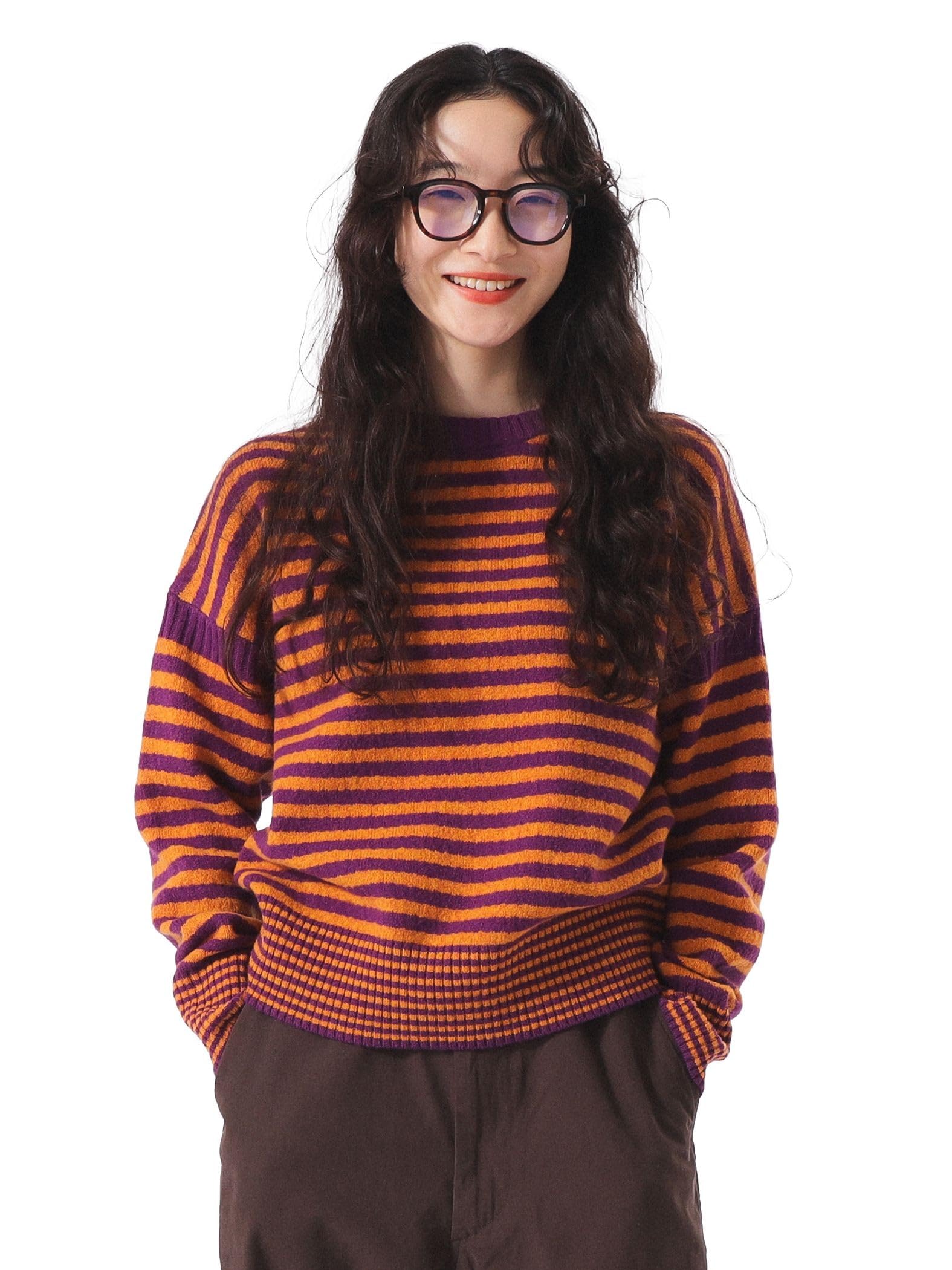 

Beams Boy Women s L/S 7 Gauge Striped Crew Knit, Purple, One Size