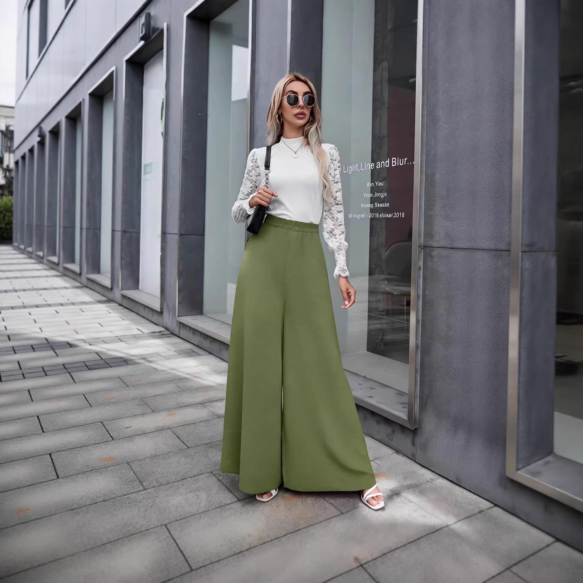 

2026 European & American Women s Spring/Summer Ice Silk Wide-Leg Pants: Wrinkled Texture, Versatile, Flowy, Chic, Leg-Elongating Fit. Large зелёный