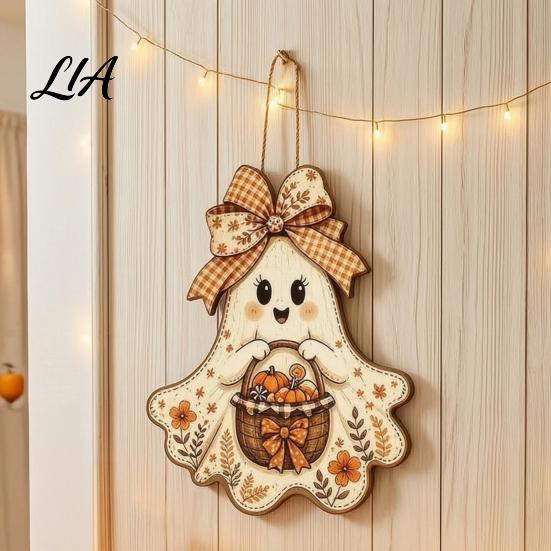 Autumn Porch Hanging Ornament Cute Bow Ghost Sign, Rustic Retro Floral Door Sign with Pumpkin Pastoral Hanger Basket, Vintage Halloween Wooden Pendant