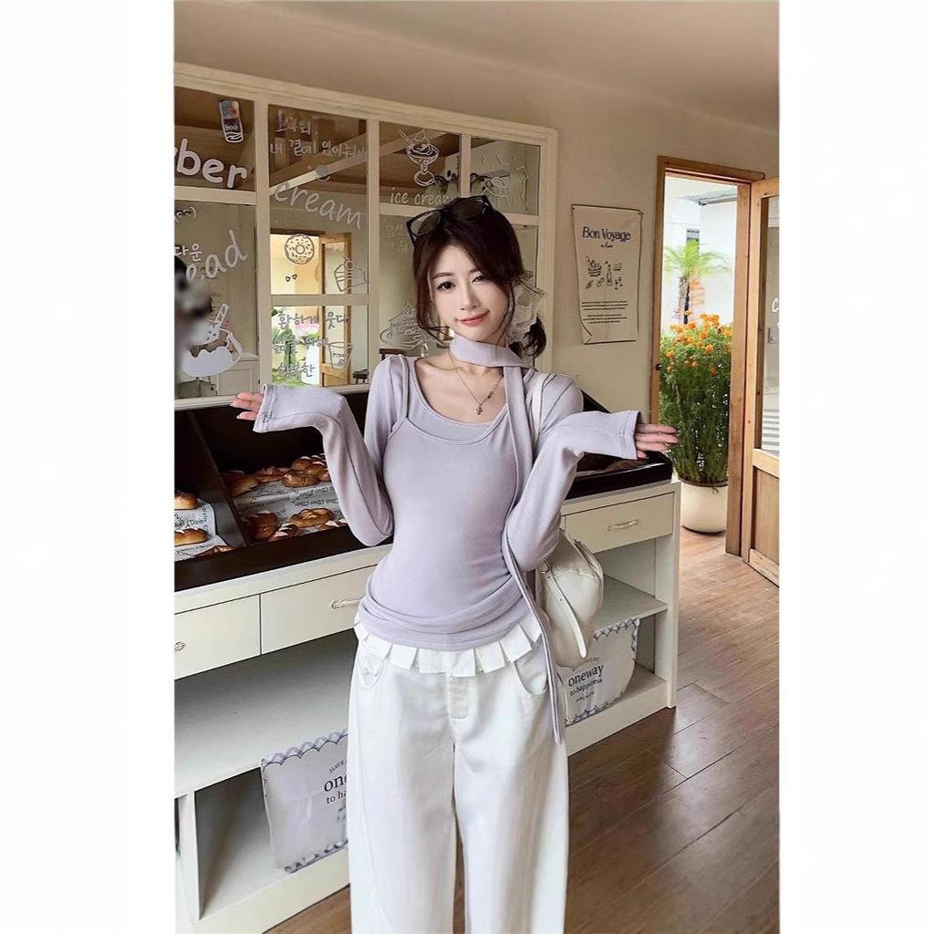 Women's Spring Wind Collar Long-Sleeve Ribbon Two-Piece Design T-Shirt