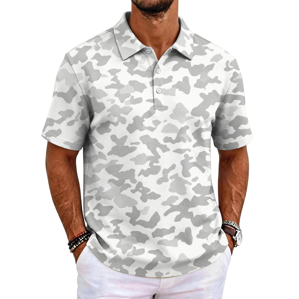 Men's Camouflage Polo Shirt Slim Fit Short Sleeve Business Casual Collar Buttoned Front Breathable Fabric Lightweight Design