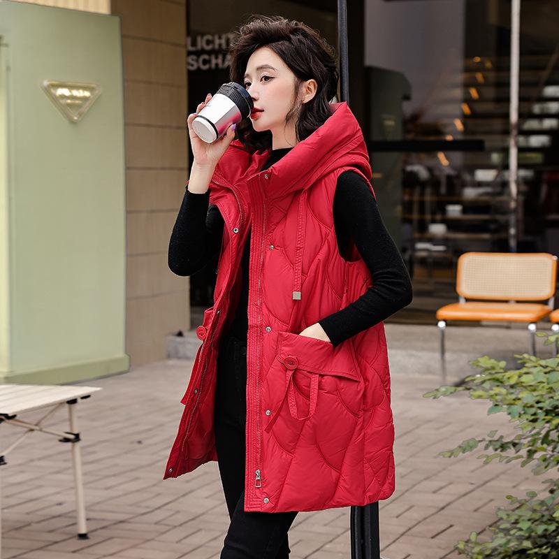 

Down cotton vest women s medium and long autumn and winter large size slim fit hooded vest vest thickened cotton coat XXL