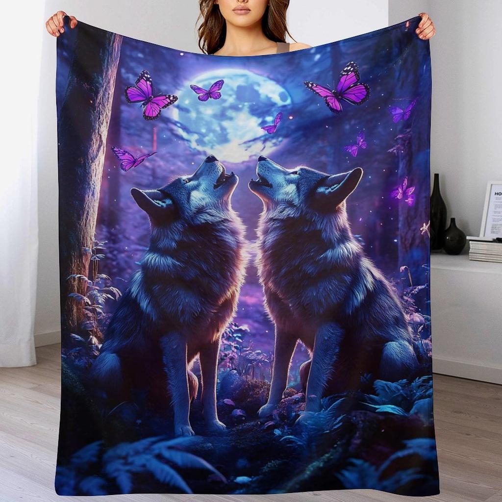 1 Stück Böhmischer Stil Heulender Wolf am Mond Flanelldecke - 100% Polyester, Ganzjahres, Maschinenwaschbar, Fleckenresistent