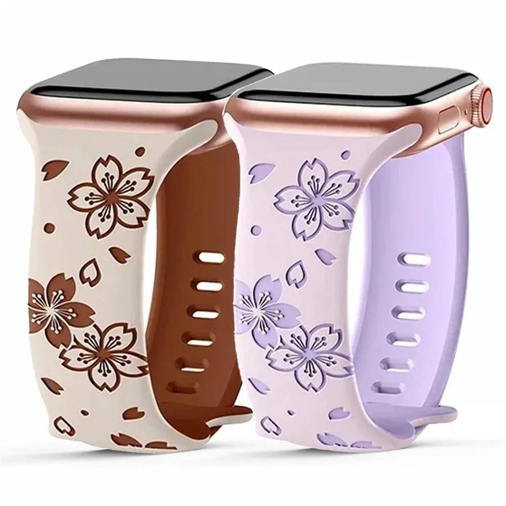 Silicone Band Engraved Floral Strap for Apple Watch 38mm 40mm 41mm 42mm 45mm 46mm 49mm iWatch Series 11 10 9 8 7 6 5 4 3 2 1 Se