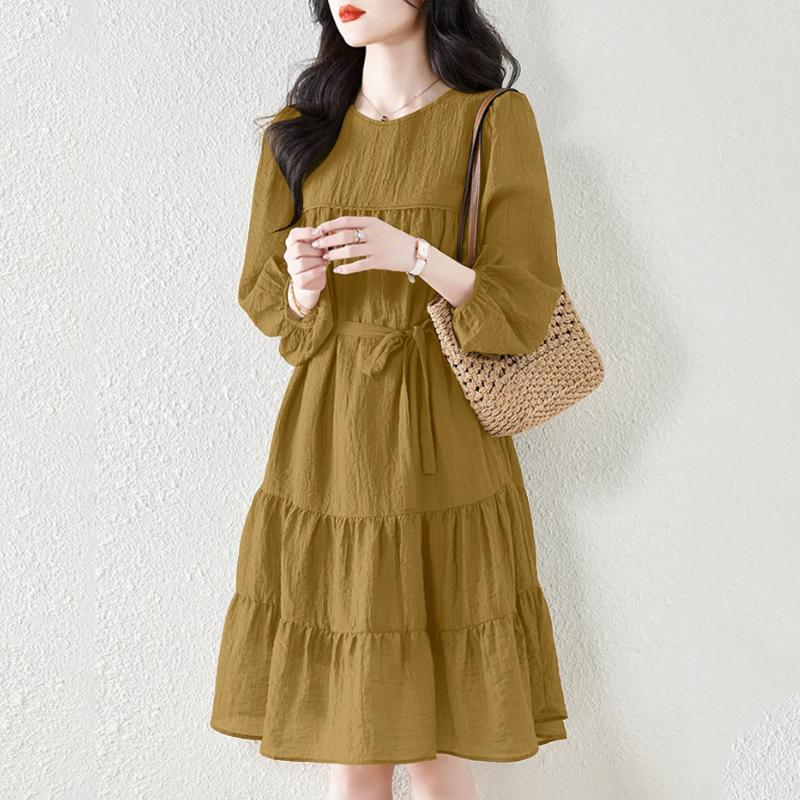 

ZANZEA Женское повседневное платье-трапеция с круглым вырезом и длинным рукавом, свободное S коричневый