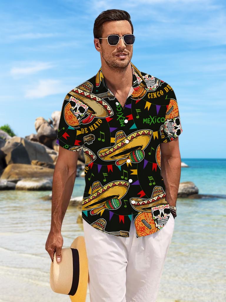 New Men'S Casual Short Sleeve Shirt Day of The Dead Themed Elements Full Print Mexican Festival Style Pattern Holiday Party Commuting Versatile