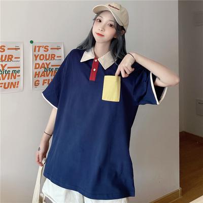Cotton Polo Shirt Retro Short-sleeved T-shirt Women's Loose Korean Version Harajuku Wind Pocket Top