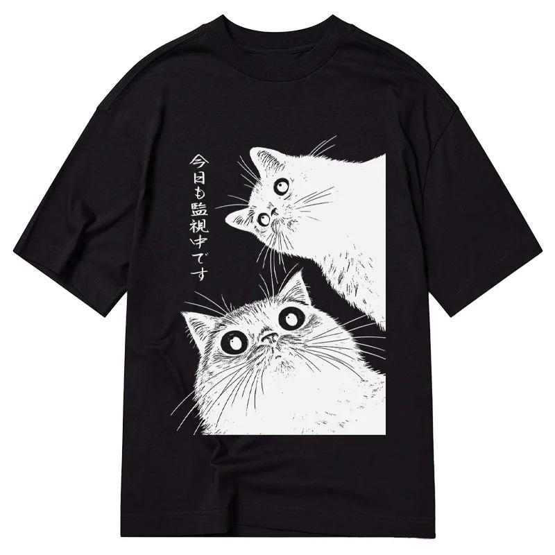 Винтажная японская футболка The Cat Is Watching Today Классическая футболка с графическим принтом букв Забавный топ с кошкой Стиль Y2k Уличная одежда Unseix Топы S