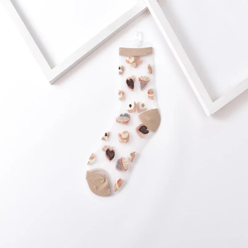Summer Women Socks Ultra-thin Transparent Crystal Silk Socks Women Cartoon Print Japanese Kawaii Cute Funny Elastic Long Socks