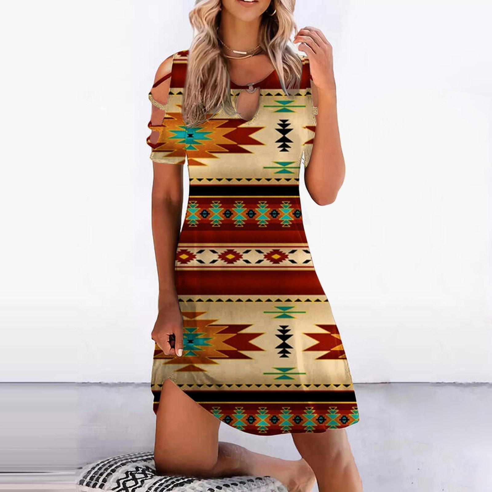 

Жіноча повсякденна вінтажна вільна сукня з круглим вирізом і відкритими плечима з короткими рукавами XXL кавовий