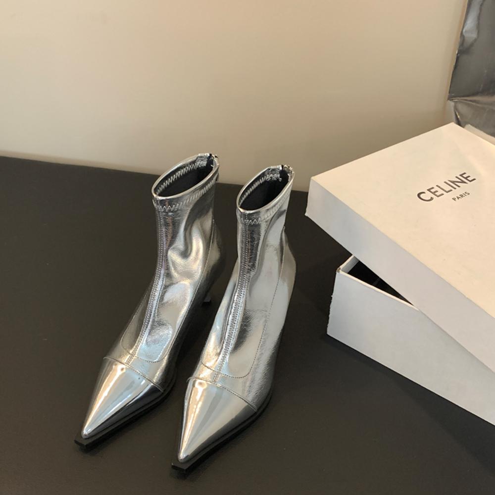 Fashion Black Silver Brown Women Ankle Boots Pointed Toe Short Sock Booties Thin High Heels Back Zipper Solid Color Fashion Dress Shoes
