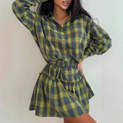 Damenmode Lässiger Karorock Revers Loses Hemd Träger Faltenrock Zweiteiliges Set
