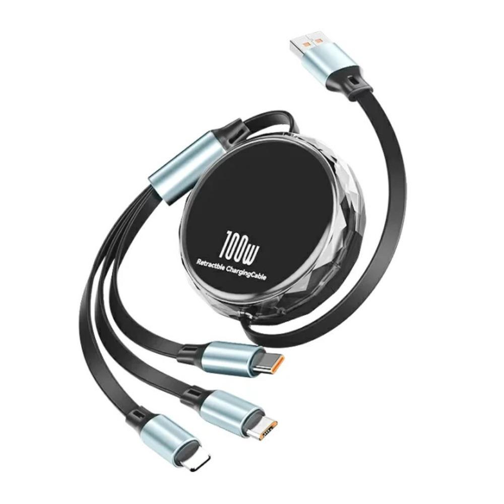 3-in-1 Retractable Charging Cable USB-A to USB-C/8Pin/MicroUSB 100W Fast Charger чёрный