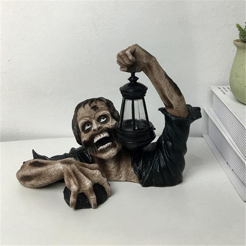 Horror Zombie Crawling Out of Grave with Led Lantern Halloween Garden Decor Statues Movie Walking Dead Creepy