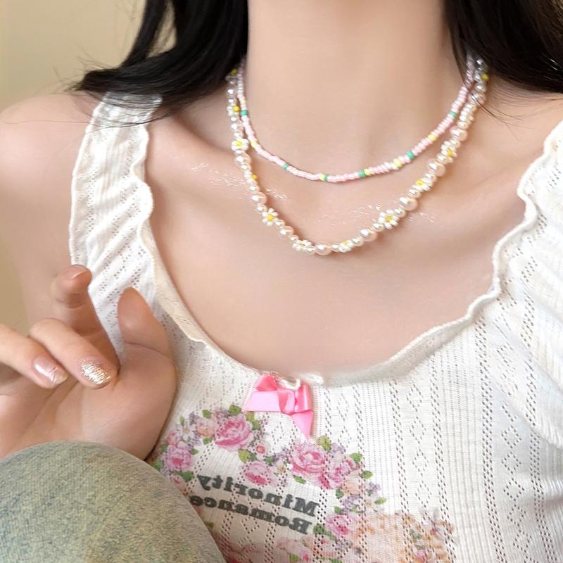 2 Stück/Set Sommer Strand Böhmisch Bunt Perlen Halskette für Damen Mädchen Blumen Perlen Halsketten Handgefertigt Urlaubs Schmuck Geschenke