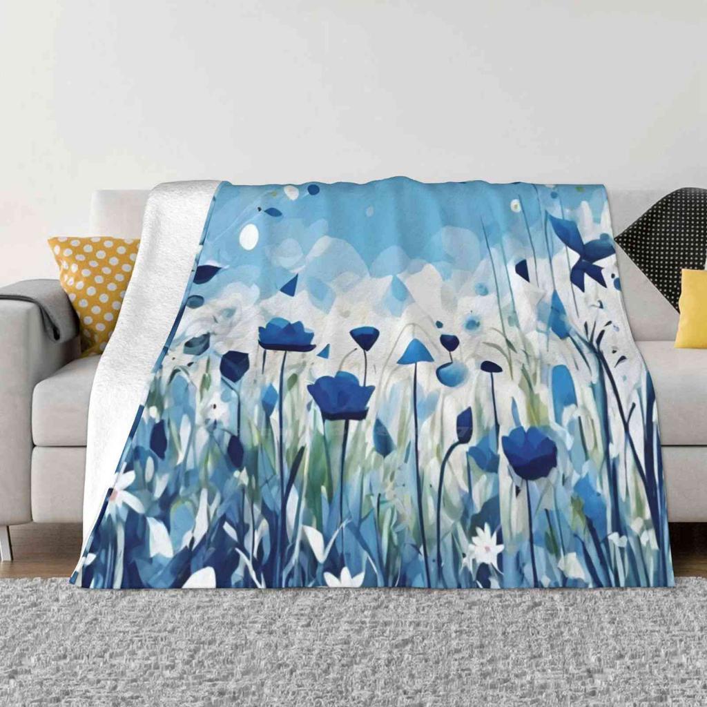 White And Blue Flowers , Abstract And Shapes Pattern Four Seasons Comfortable Warm Soft Blanket Blue And White Colour Flowers