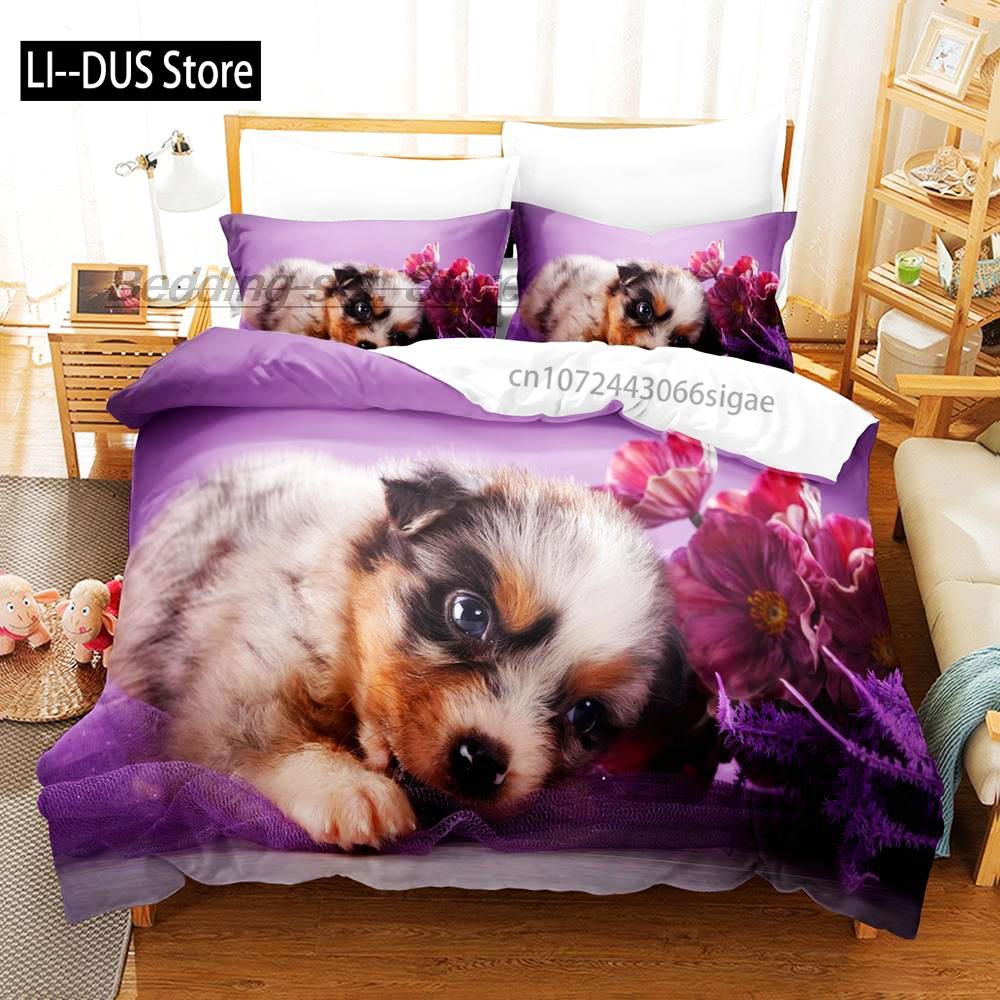 Niedliches Hunde-Bettwäsche-Set Einzelbett Twin Full Queen King Size Bett-Set Aldult Kinderzimmer Bettbezug-Sets 3D-Druck Anime Bettlaken-Set